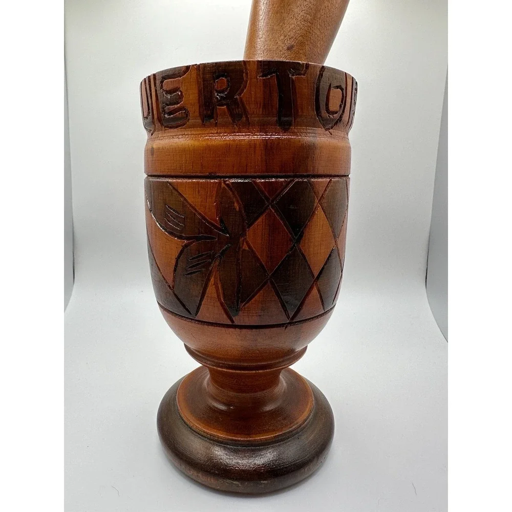 1970s Large Vintage Wood Carved Puerto Rico‎ Mortar & Pestle Great Condition